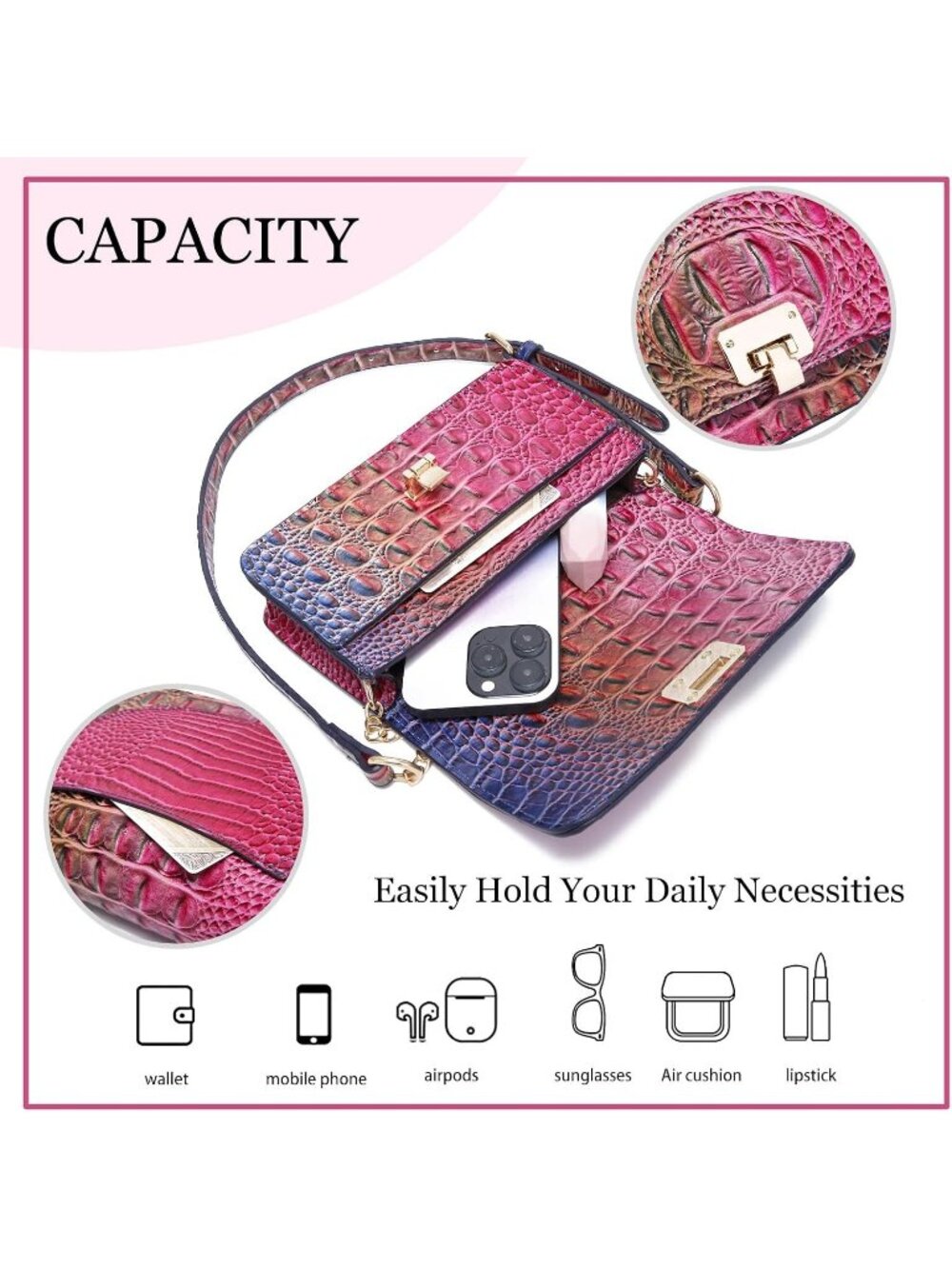 Women's Rose Blue Vegan Leather Small Crocodile Clutch Purse Crossbody Bag - Picture 6 of 6